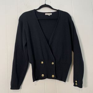 Vtg Talbots Womens Medium Sweater Cardigan 100% Wool Clean Girl Old Money Black